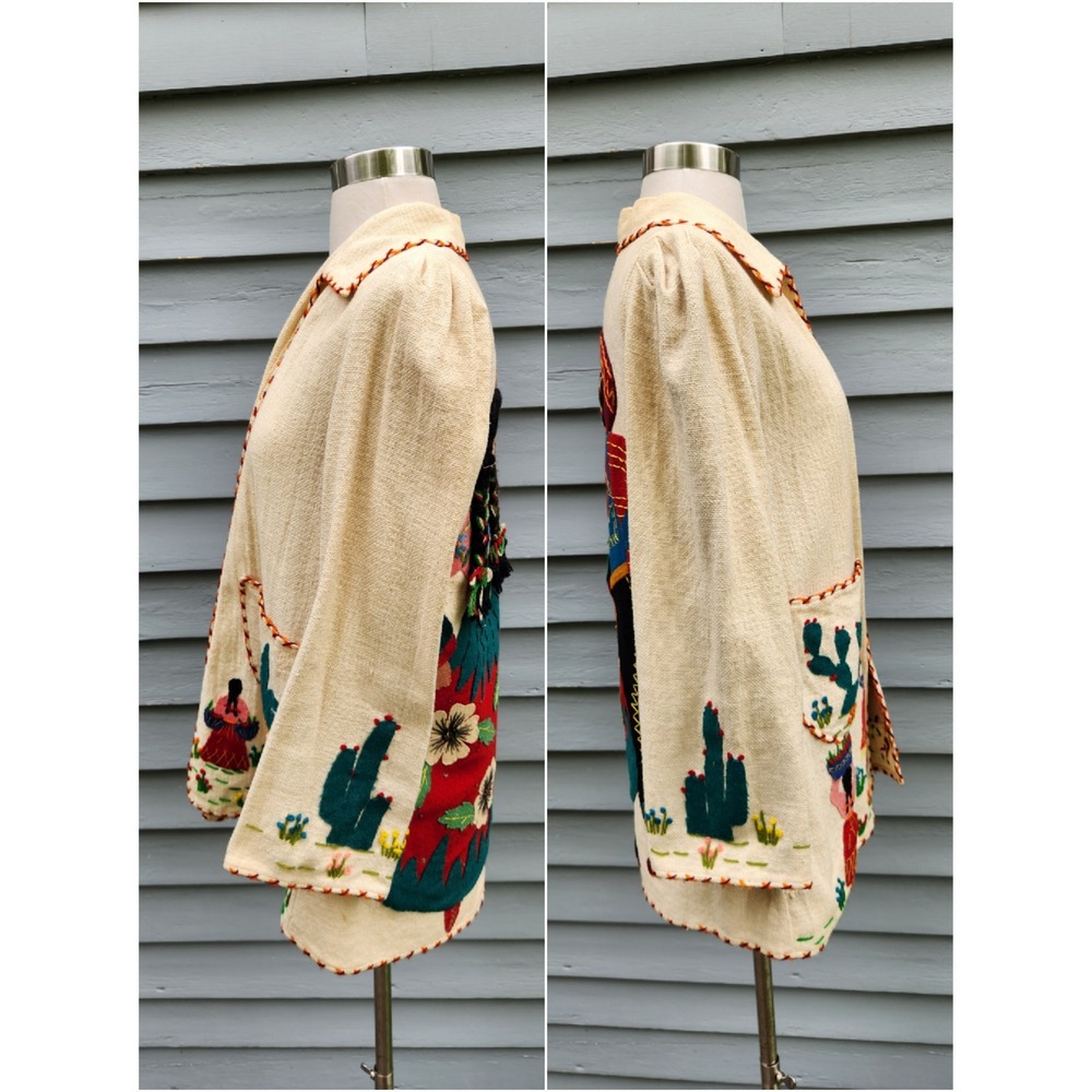 Vintage 50s Mexican Tourist Jacket Cream Embroidered Folk Art Applique Medium - Picture 4 of 8
